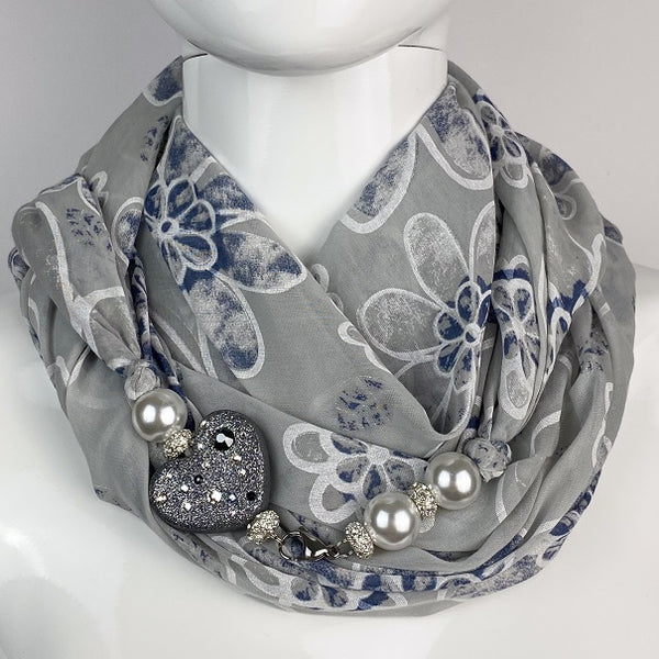 Sciarpa con Dettaglio Gioiello - Brillissima  - Grigio Blu Bianco - Cuore Canna di fucile