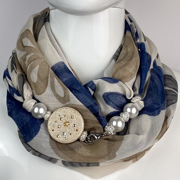 Sciarpa con Dettaglio Gioiello - Brillissima  - Beige Marrone Blu Verdone - Tondo Oro chiaro