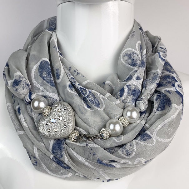 Sciarpa con Dettaglio Gioiello - Brillissima  - Grigio Blu Bianco - Cuore Argento