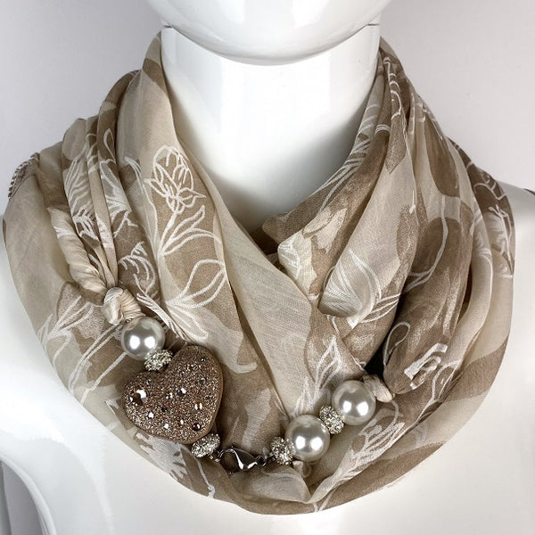 Sciarpa con Dettaglio Gioiello - Brillissima  - Sabbia Marrone Bianco - Cuore Terra scuro