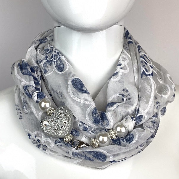 Sciarpa con Dettaglio Gioiello - Brillissima  - Grigio Bianco Blu - Cuore Argento