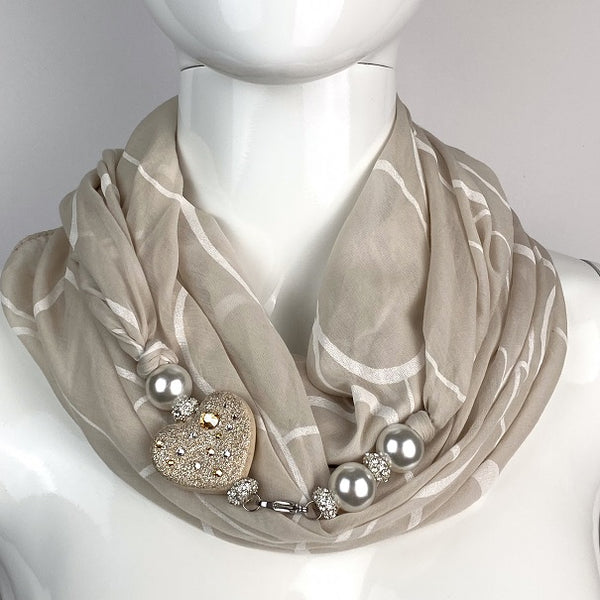 Sciarpa con Dettaglio Gioiello - Brillissima  - Beige Bianco - Cuore Oro Chiaro