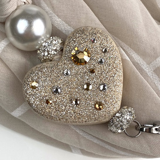 Sciarpa con Dettaglio Gioiello - Brillissima  - Beige Bianco - Cuore Oro Chiaro