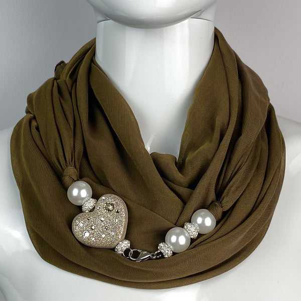 Sciarpa con Dettaglio Gioiello - Brillissima  - MarroneVerde - Cuore Beige