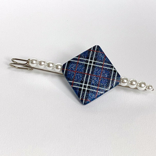 Spilla Gioiello Artigianale Tartan Blu